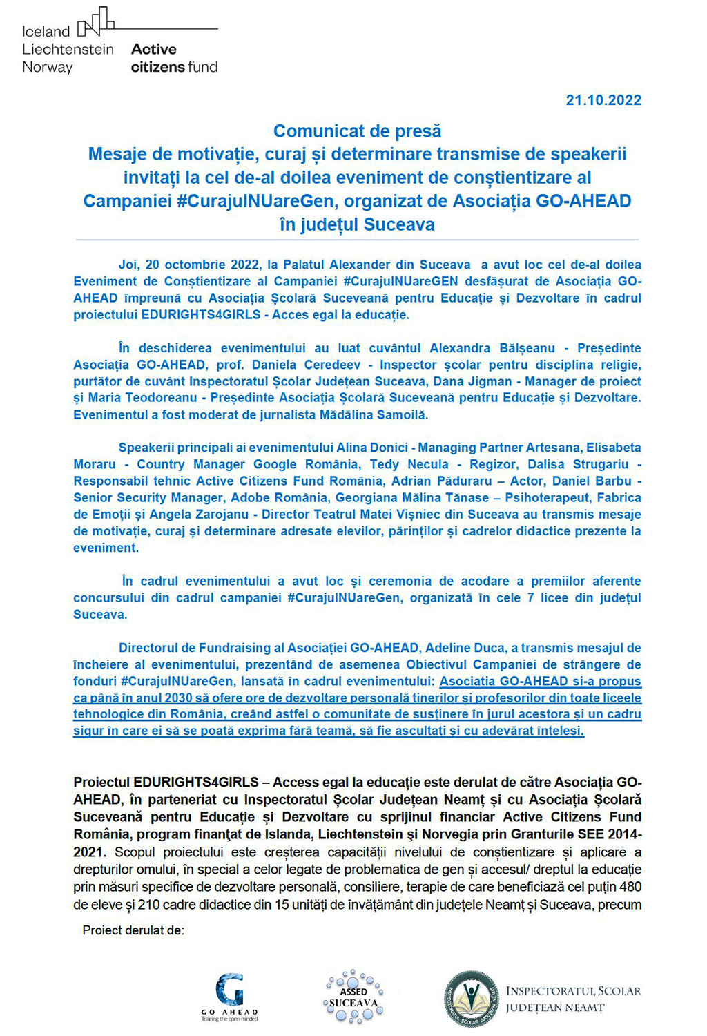 Asociația GO-AHEAD anunță al doilea EVENIMENT DE  CONȘTIENTIZARE din cadrul campaniei #CurajulNUareGen